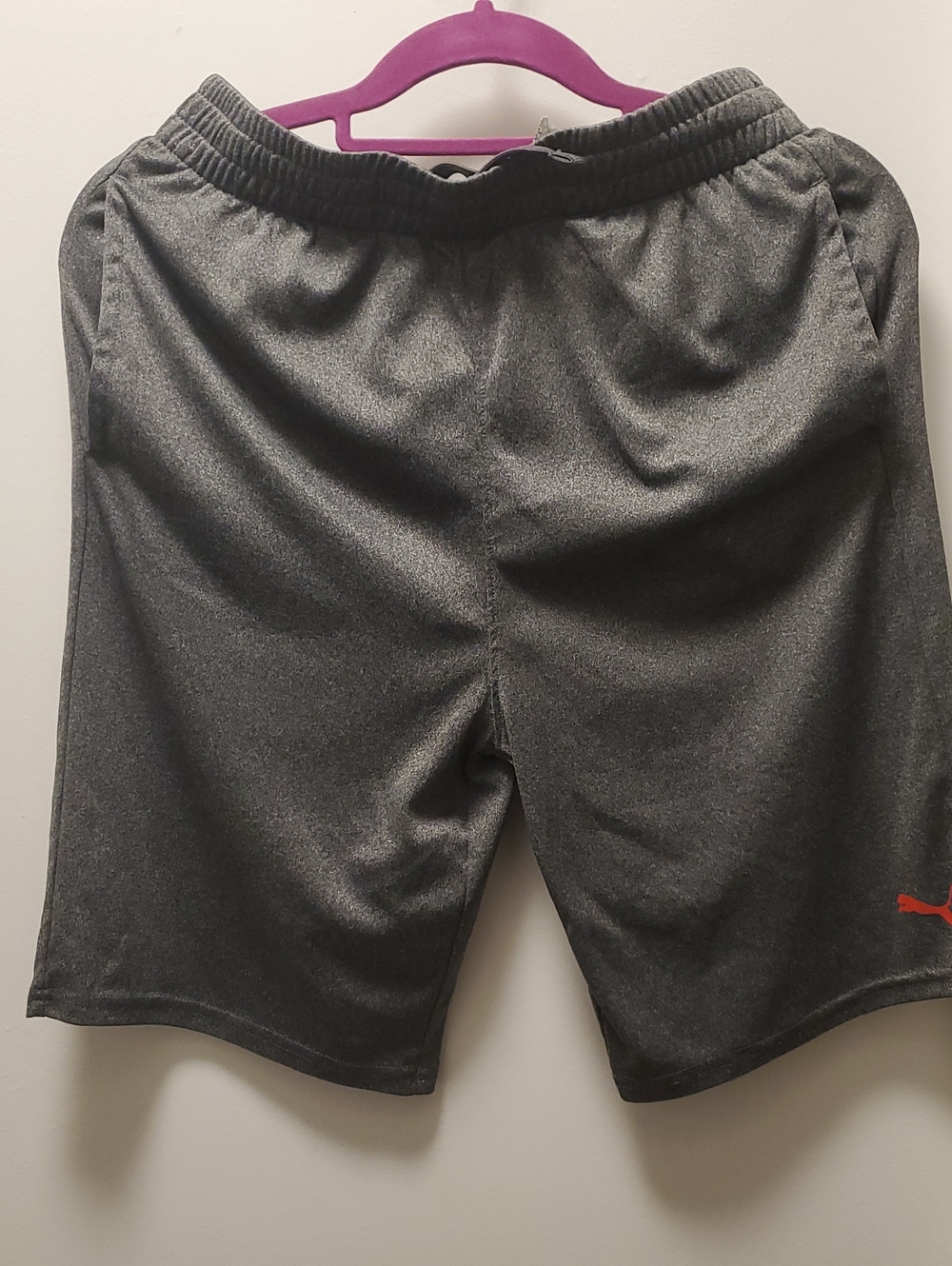 Puma Men's Dark Gray Athletic Shorts with Red Logo